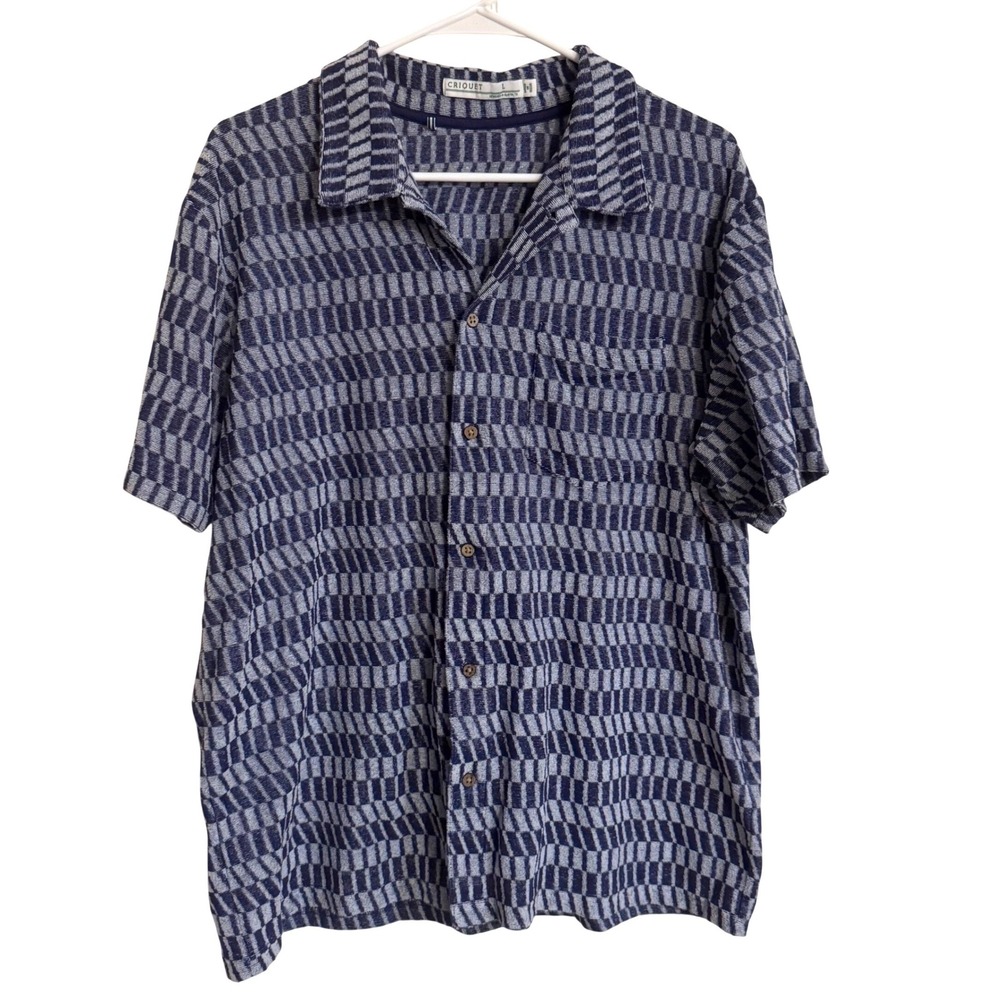 Criquet Men's Blue & White Textured Geometric 100% Cotton Terry Button Down L